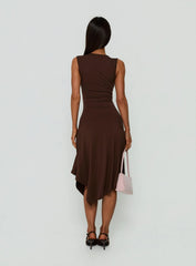 Louisia V Neck Hanky Hem Midi Dress Brown