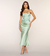Satin Glow Strapless Beaded Midi Dress