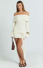 Knitted Off Shoulder Tie Waist Mini Dress in Cream