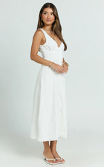 V Neck Sleeveless Under Bust Seam Circular Skirt Dress in White