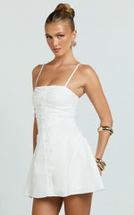 Button Down Ruched Front Fit And Flare Dress in Off White