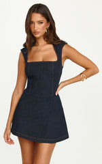 Square Neck A Line Denim Mini Dress in Raw