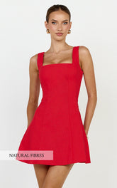 Linen Square Neck Shirred Back A Line Dress in Red