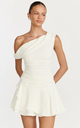 Off Shoulder Drop Waist Dress in White