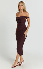 Off Shoulder Draped Corset Dress in Burgundy
