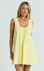 Deep U Gathered Neck Smock Dress in Lemon