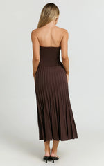 Strapless Drop Waist Pleated Knit Dress in Chocolate