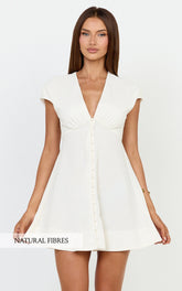 Linen V Neck A Line Dress in White