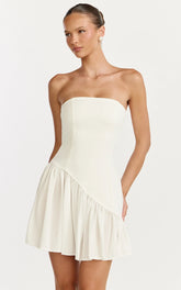 Strapless Gathered Asymmetric Dropped Waist Dress in White