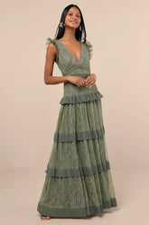 Marvelous Darling Olive Lace Ruffled Tiered Maxi Dress