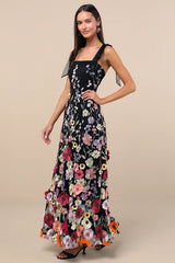 Thriving Poise Black 3D Floral Embroidered Tie-Strap Maxi Dress