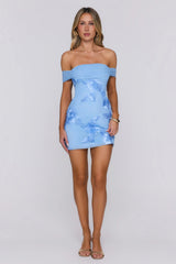 Saltwater Sonata Off Shoulder Mesh Mini Dress Blue