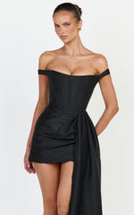 Contrast Draped Off Shoulder Dress in Black