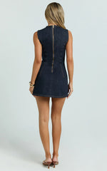 Denim Button Wrap Front Skirt Dress in Dark Blue Wash