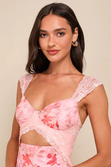 Endlessly Cute Pink Floral Mesh Cutout Lace Bustier Maxi Dress