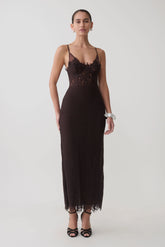 Ottilie Lace And Mesh Midi Dress - Dark Chocolate