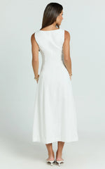 V Neck Sleeveless Under Bust Seam Circular Skirt Dress in White