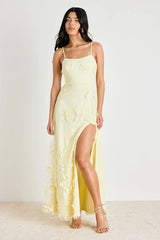Abundant Charm Pale Yellow 3D Floral Applique Maxi Dress