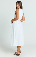 Button Through V Neck Dress in White