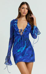 Ruffle Plunge Neck Long Sleeve Tie Detail Dress in Blue Abstract