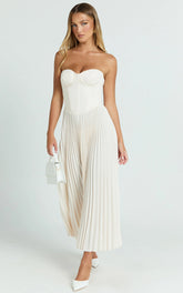 Lace Up Back Bustier Pleated Dress in Cream