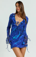 Ruffle Plunge Neck Long Sleeve Tie Detail Dress in Blue Abstract