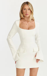 Long Sleeve Tailored Tulip Dress in Off White
