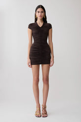 Alphine Gathered Short Sleeve Mini Dress - Chocolate
