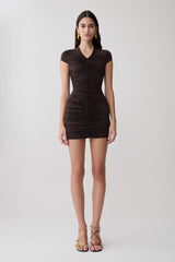 Alphine Gathered Short Sleeve Mini Dress - Chocolate