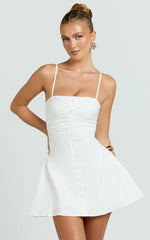 Button Down Ruched Front Fit And Flare Dress in Off White