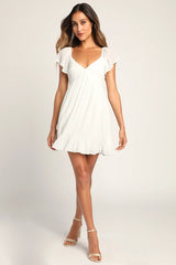Amalfi Coast White Pleated Flutter Sleeve Mini Dress