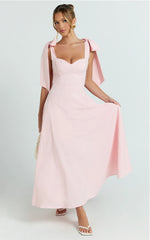 Shoulder Tie Bustier Shirred Back A Line in Pink