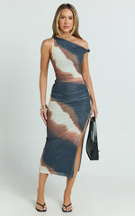One Shoulder Mesh Dress in Rust Print