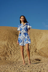 Printed Tie Waist Short Sleeve Mini Dress
