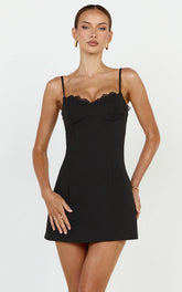 Fitted Balconette Lace Trim Dress in Black