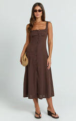 Button Front Tie Back Dress in Chocolate