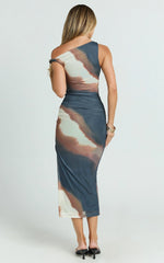 One Shoulder Mesh Dress in Rust Print