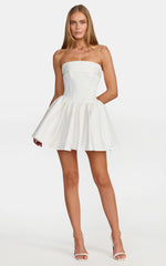 Ruched Bust Fit And Flare Strapless Corset Bodice Dress With Lace Up Back in White