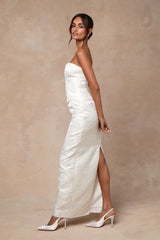 Melva White Satin Jacquard Two-Piece Bustier Maxi Dress