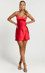 Cut Out Back Satin Slip Dress in Red