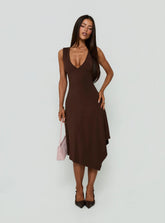 Louisia V Neck Hanky Hem Midi Dress Brown