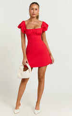 Square Neck Ruched Bodice Puff Sleeve Straight Dress in Red