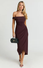 Off Shoulder Draped Corset Dress in Burgundy