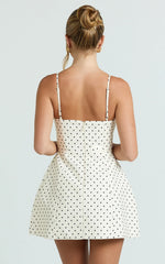 Scoop Neck Panel Bodice Dress in White Polka Dot