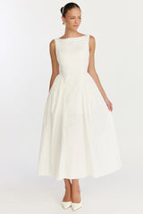 Boat Neck Tie Back Fit And Flare Dress in Off White