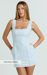Square Neck Lace Trim A Line Mini Dress in Blue
