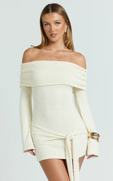Knitted Off Shoulder Tie Waist Mini Dress in Cream