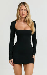 Square Neck Long Sleeve Bodycon Dress in Black