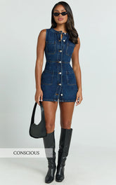 Scoop Neck Pocket Detail Recycled Denim Dress in Indigo Wash