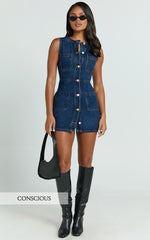 Scoop Neck Pocket Detail Recycled Denim Dress in Indigo Wash